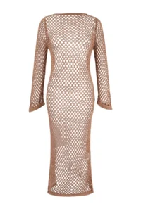 TRENDYOLMİLLA Mink Knitwear Low-cut back Maxi Beach Dress