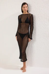 TRENDYOLMİLLA Black Knitwear Low-cut back Maxi Beach Dress