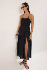 TRENDYOLMİLLA Black Weaving Low-cut back 100% Cotton Maxi Beach Dress - Image 2