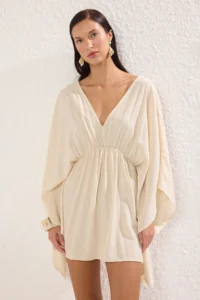 TRENDYOLMİLLA Ecru Weaving Shirred 100% Cotton Beach Mini Dress - Image 2