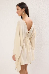 TRENDYOLMİLLA Ecru Weaving Shirred 100% Cotton Beach Mini Dress - Image 4