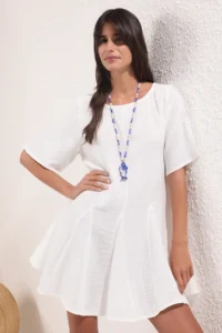 TRENDYOLMİLLA Ecru Weaving with flywheel 100% Cotton Beach Mini Dress - Image 2