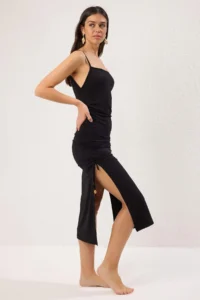 TRENDYOLMİLLA Black Knitting Shirred Maxi Beach Dress