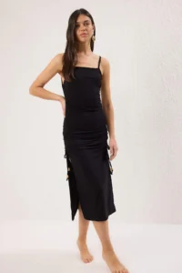 TRENDYOLMİLLA Black Knitting Shirred Maxi Beach Dress - Image 2
