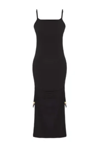 TRENDYOLMİLLA Black Knitting Shirred Maxi Beach Dress - Image 5