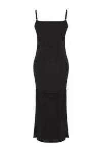 TRENDYOLMİLLA Black Knitting Shirred Maxi Beach Dress - Image 7