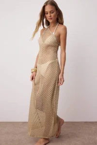 TRENDYOLMİLLA Beige Knitwear Maxi Beach Dress
