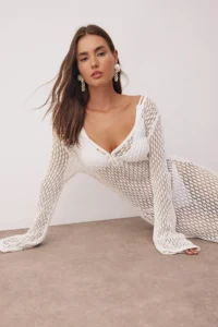 TRENDYOLMİLLA Ecru Knitwear Maxi Deep V-neck Beach Dress - Image 2