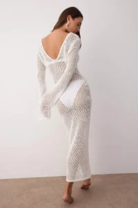 TRENDYOLMİLLA Ecru Knitwear Maxi Deep V-neck Beach Dress - Image 3