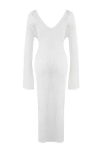 TRENDYOLMİLLA Ecru Knitwear Maxi Deep V-neck Beach Dress - Image 6