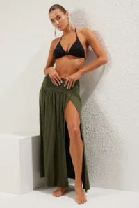 TRENDYOLMiLLA Khaki Knitting Binding Detailed Maxi Beach Skirt