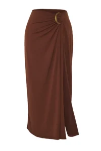 TRENDYOLMiLLA Brown Knitting Accessory Detailed Beach Midi Skirt - Image 5