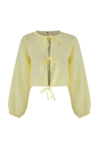 TRENDYOLMİLLA Yellow Weaving Binding Detailed 100% Linen Beach Crop Shirt - Image 13
