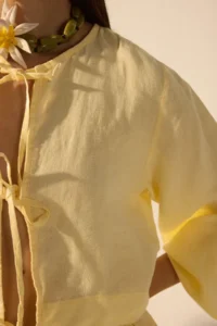 TRENDYOLMİLLA Yellow Weaving Binding Detailed 100% Linen Beach Crop Shirt - Image 3