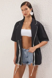 TRENDYOLMİLLA Black Weaving Piped 100% Cotton Maxi Beach Shirt