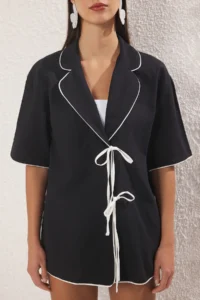 TRENDYOLMİLLA Black Weaving Piped 100% Cotton Maxi Beach Shirt - Image 3