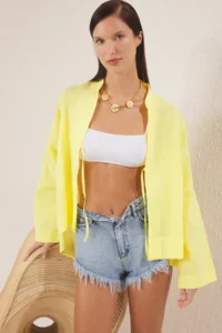 TRENDYOLMİLLA Yellow Weaving Binding Detailed 100% Cotton Maxi Beach Shirt