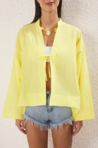 TRENDYOLMİLLA Yellow Weaving Binding Detailed 100% Cotton Maxi Beach Shirt - Image 3