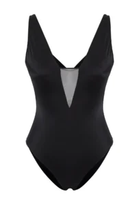 TRENDYOLMİLLA Black Mesh Detailed Deep V-neck Covered brazilian Swimsuit - Image 6
