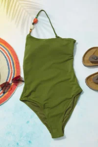 TRENDYOLMİLLA Khaki with accessories One Shoulder Covered Regular Swimsuit