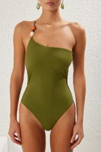 TRENDYOLMİLLA Khaki with accessories One Shoulder Covered Regular Swimsuit - Image 4