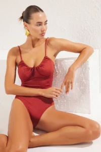 TRENDYOLMİLLA Brick Rejection tunnelled Square Neck Covered Regular Swimsuit - Image 2