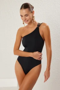 TRENDYOLMİLLA Black Low-cut back One Shoulder Covered Regular Swimsuit - Image 2