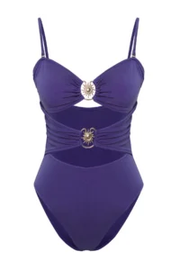 TRENDYOLMİLLA Mavi Cut Out/Window Detailed Strapless Covered Regular Swimsuit - Image 5
