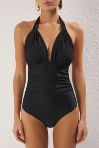 TRENDYOLMİLLA Black Drapeli V-neck Covered hipster Swimsuit - Image 3