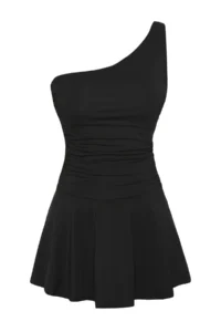 TRENDYOLMİLLA Black One Shoulder Covered Shorts Skirt Basic Swimsuit - Image 6