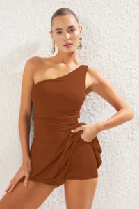 TRENDYOLMİLLA Brown One Shoulder Covered Shorts Skirt Basic Swimsuit