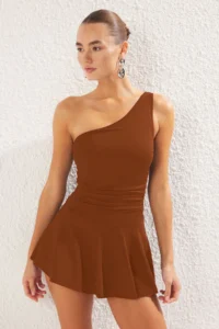 TRENDYOLMİLLA Brown One Shoulder Covered Shorts Skirt Basic Swimsuit - Image 2