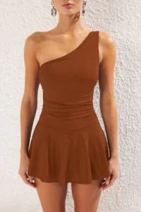 TRENDYOLMİLLA Brown One Shoulder Covered Shorts Skirt Basic Swimsuit - Image 4