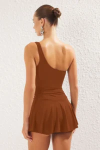 TRENDYOLMİLLA Brown One Shoulder Covered Shorts Skirt Basic Swimsuit - Image 5