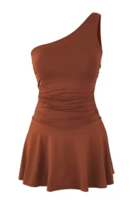 TRENDYOLMİLLA Brown One Shoulder Covered Shorts Skirt Basic Swimsuit - Image 6