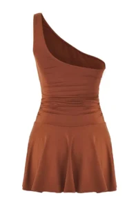 TRENDYOLMİLLA Brown One Shoulder Covered Shorts Skirt Basic Swimsuit - Image 8