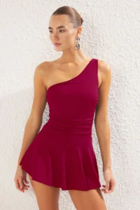 TRENDYOLMİLLA Burgundy One Shoulder Covered Shorts Skirt Basic Swimsuit - Image 2