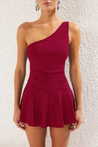 TRENDYOLMİLLA Burgundy One Shoulder Covered Shorts Skirt Basic Swimsuit - Image 4