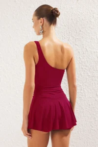 TRENDYOLMİLLA Burgundy One Shoulder Covered Shorts Skirt Basic Swimsuit - Image 5