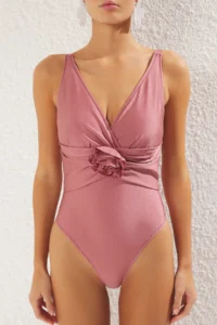 TRENDYOLMİLLA Pink Applique Detailed V-neck Covered Regular Swimsuit - Image 3