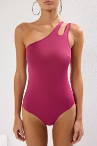 TRENDYOLMİLLA Plum Cut Out/Window Detailed One Shoulder Covered Regular Swimsuit - Image 3