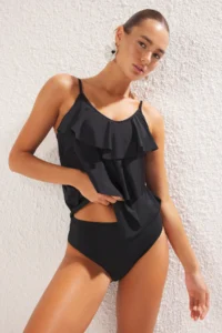 TRENDYOLMİLLA Black with flywheel U-Neck Covered Regular Swimsuit - Image 2