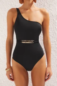 TRENDYOLMİLLA Black with accessories One Shoulder Covered Regular Swimsuit - Image 4