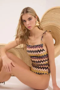 TRENDYOLMİLLA Geometric Patterned Drapeli Square Neck Covered Regular Swimsuit - Image 2