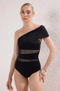 TRENDYOLMİLLA Black Mesh Detailed One Shoulder Covered Regular Swimsuit - Image 2