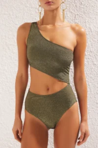 TRENDYOLMİLLA Khaki Cut Out/Window Detailed One Shoulder Covered Regular Swimsuit - Image 3