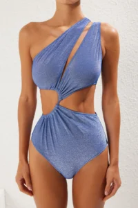 TRENDYOLMİLLA Saks Blue tunnelled One Shoulder Covered Regular Mayokini - Image 3