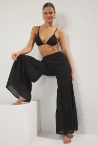 TRENDYOLMİLLA Black Weaving with flywheel 100% Cotton Maxi Beach High Waist Pants - Image 2