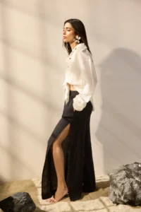 TRENDYOLMİLLA Black Weaving slit 100% Linen Maxi Beach High Waist Pants