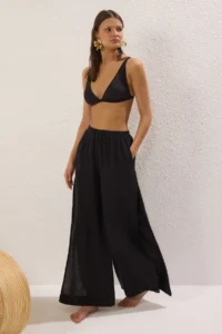 TRENDYOLMİLLA Black Weaving slit 100% Linen Maxi Beach High Waist Pants - Image 10